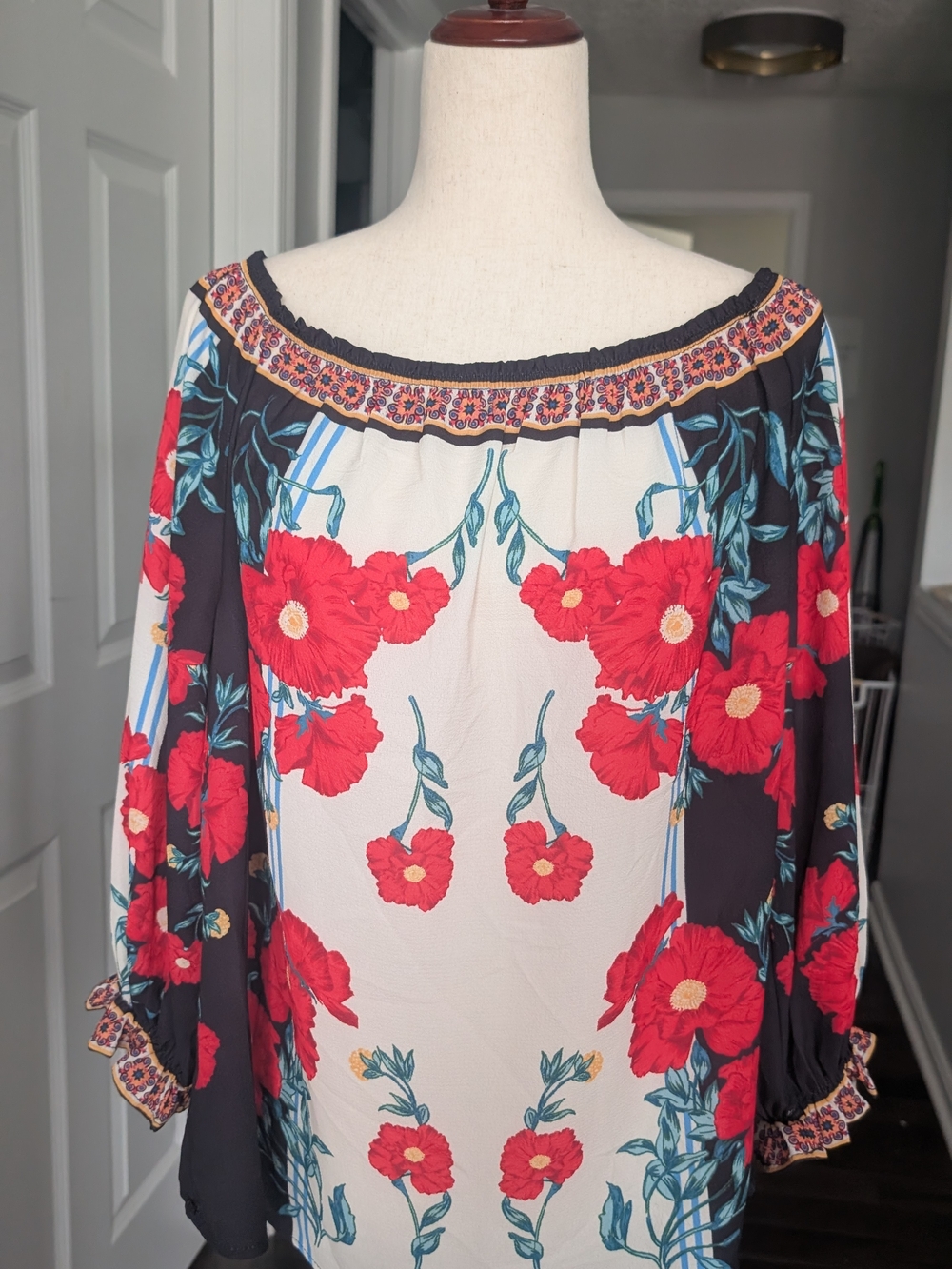 Flying Tomato Red Floral Off-Shoulder Tunic with Black and Cream Panels